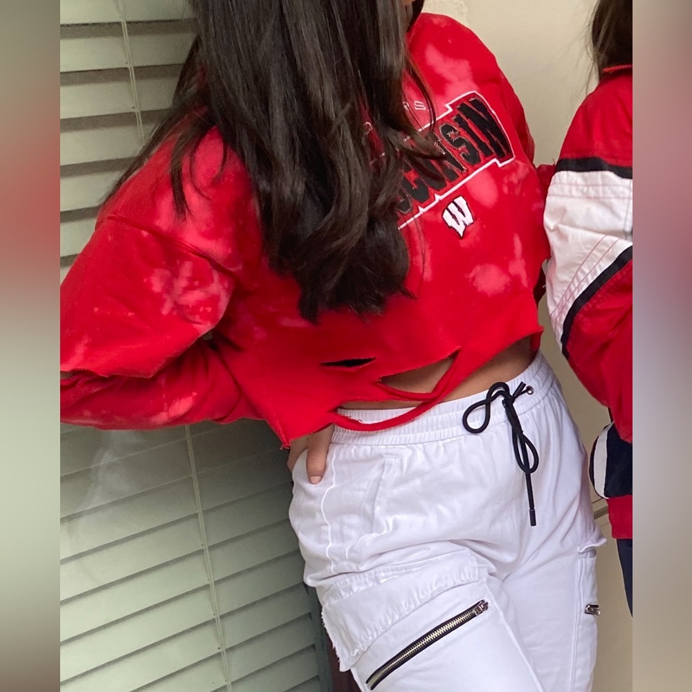 Red Acid Wash Vintage Wisconsin Cropped / distressed hoodie. College Apparel